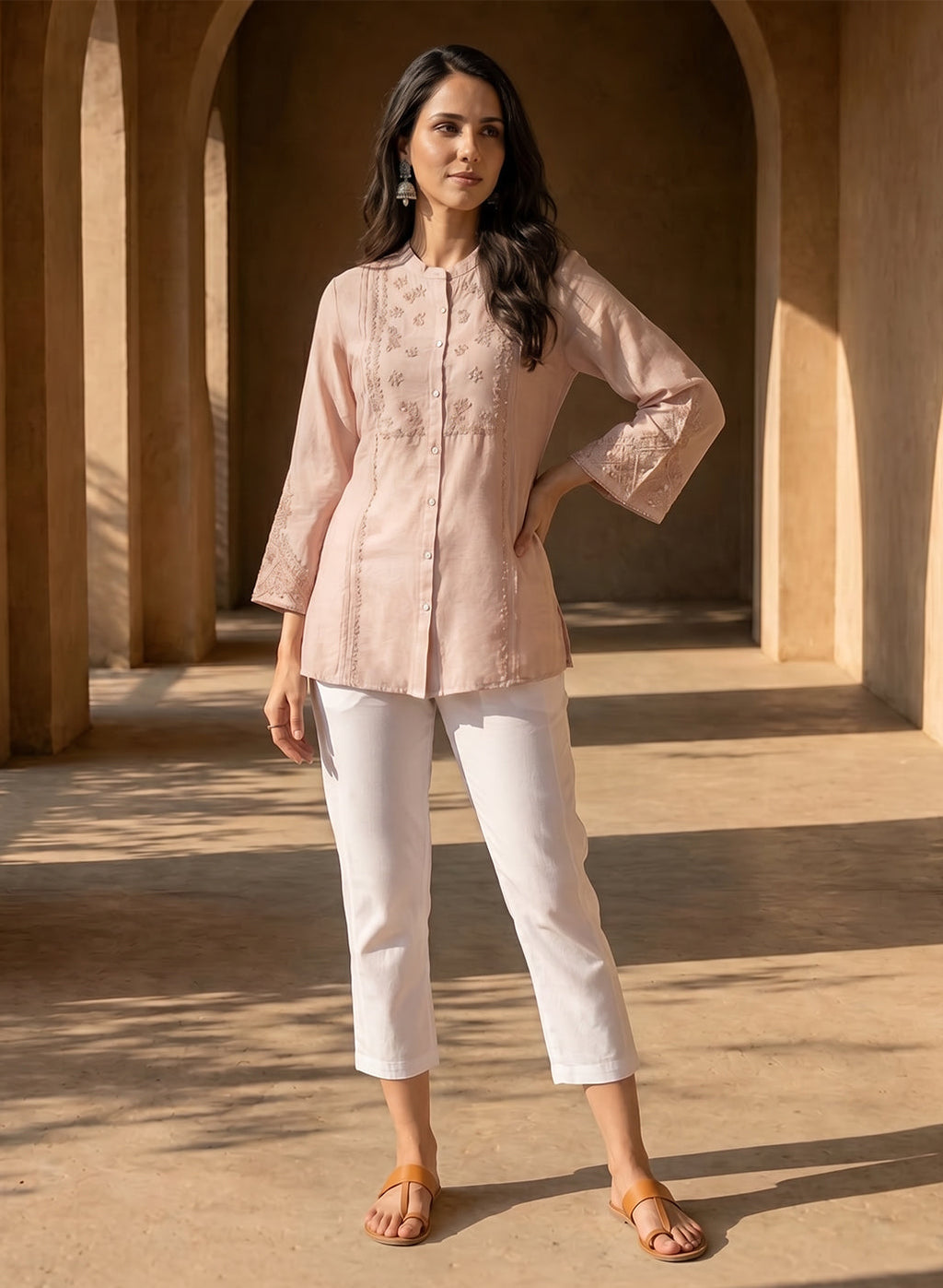 White Cotton Blend Regular Fit Capris