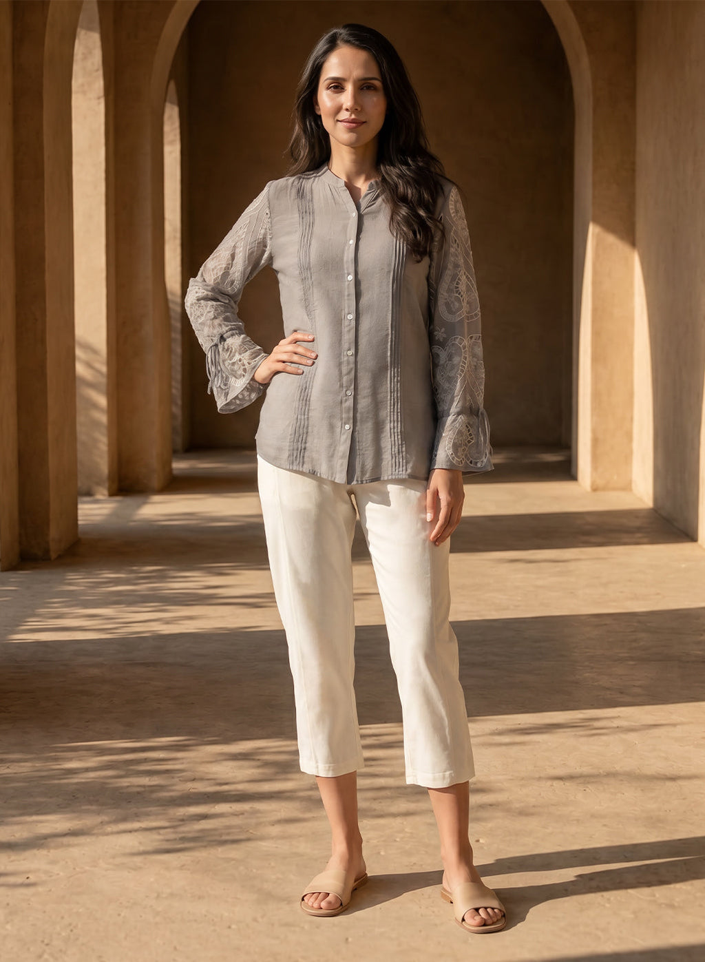 Ivory Cotton Blend Regular Fit Capris