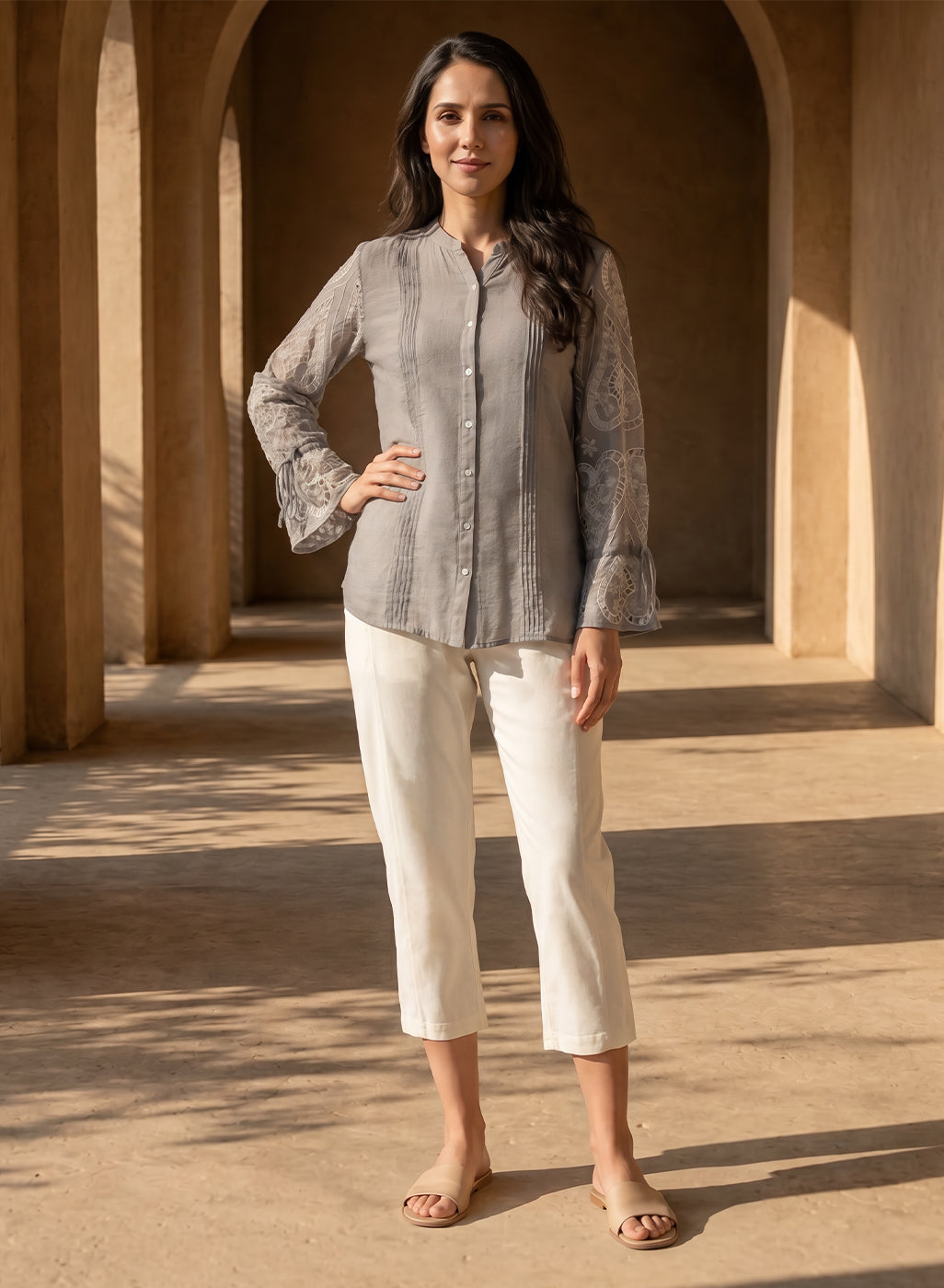 Ivory Cotton Blend Regular Fit Capris