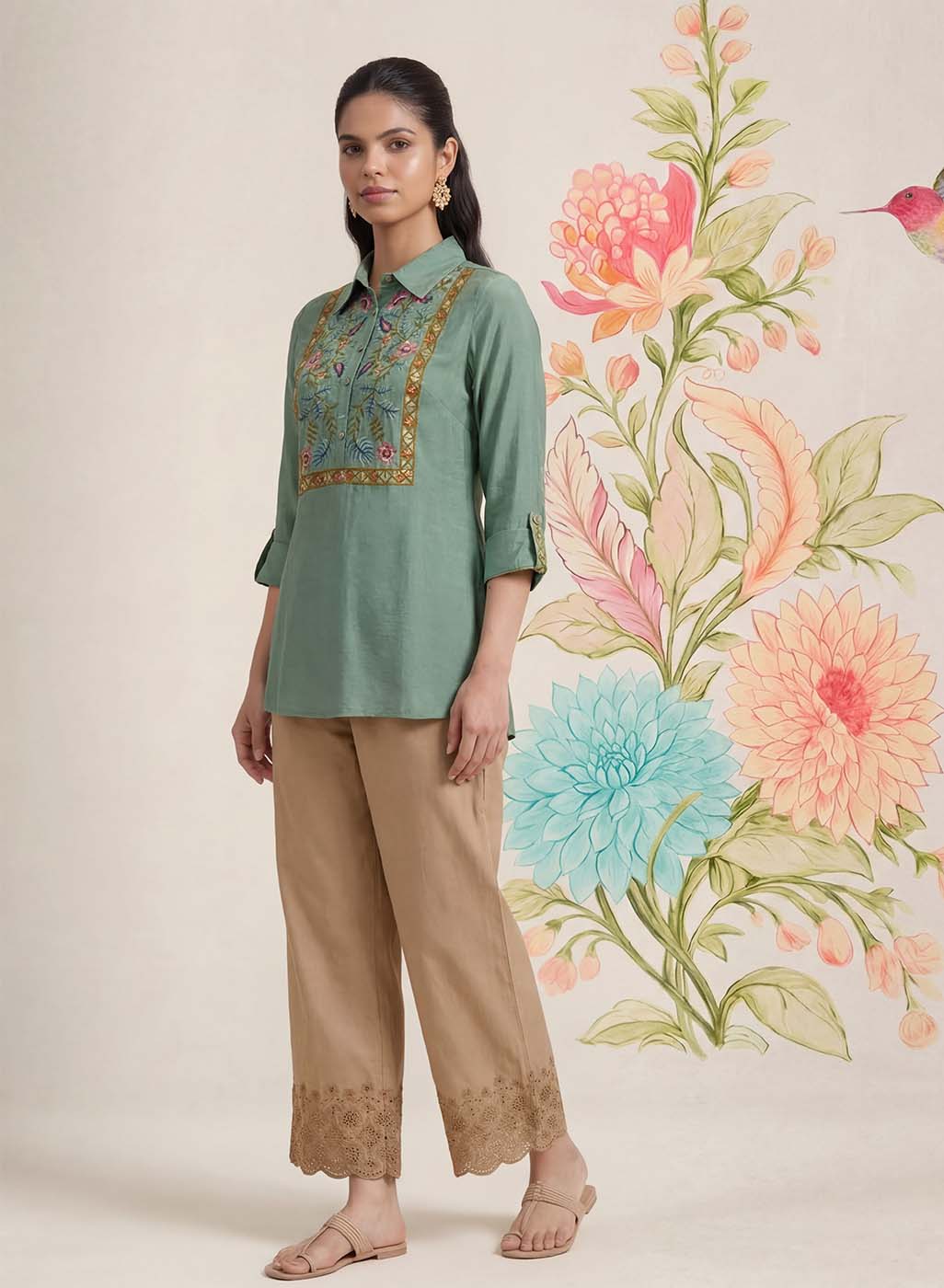 Aaroh Green Cotton Blend Embroidered Tunic