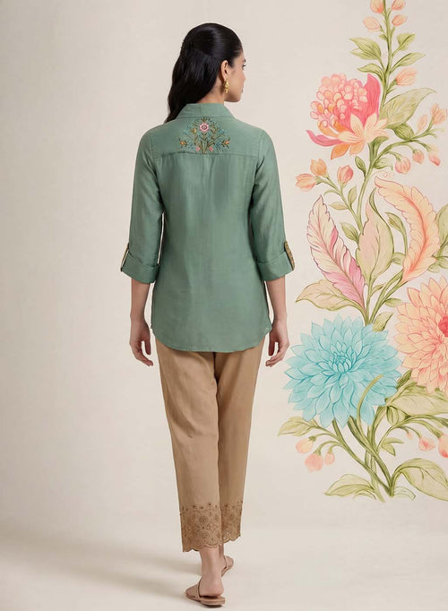 Aaroh Green Cotton Blend Embroidered Tunic