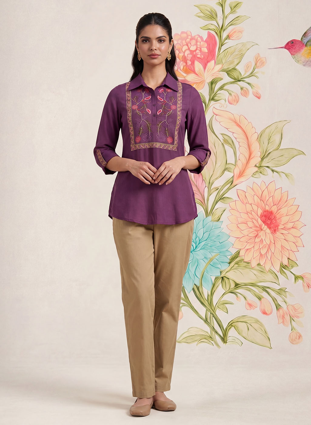 Aaroh Purple Cotton Blend Embroidered Tunic