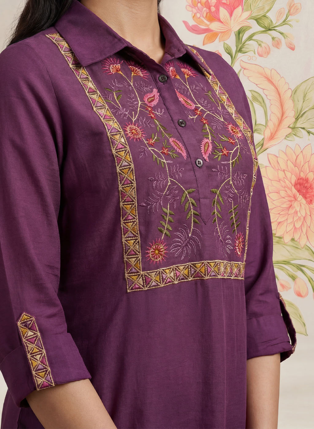 Aaroh Purple Cotton Blend Embroidered Tunic