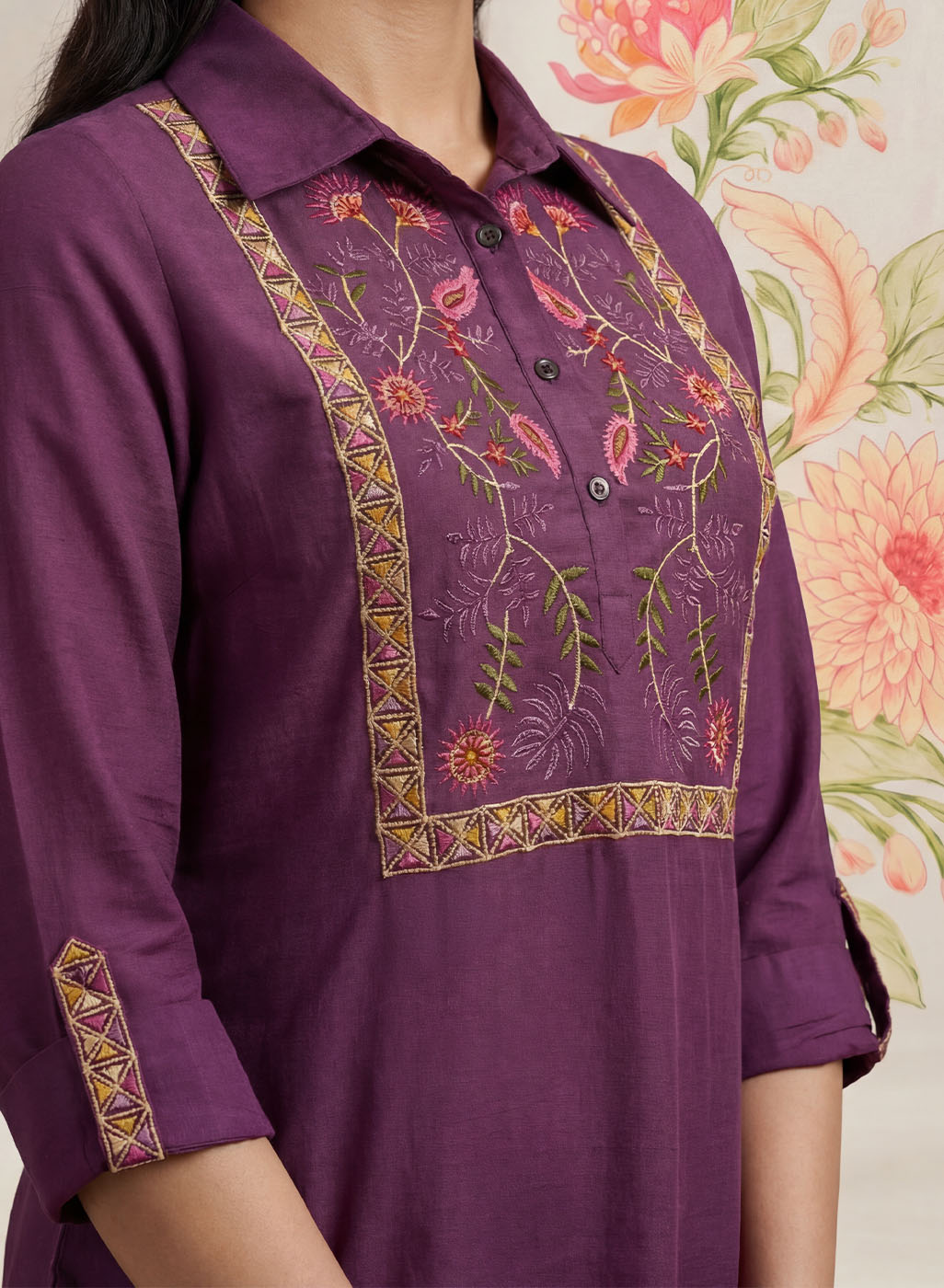 Aaroh Purple Cotton Blend Embroidered Tunic