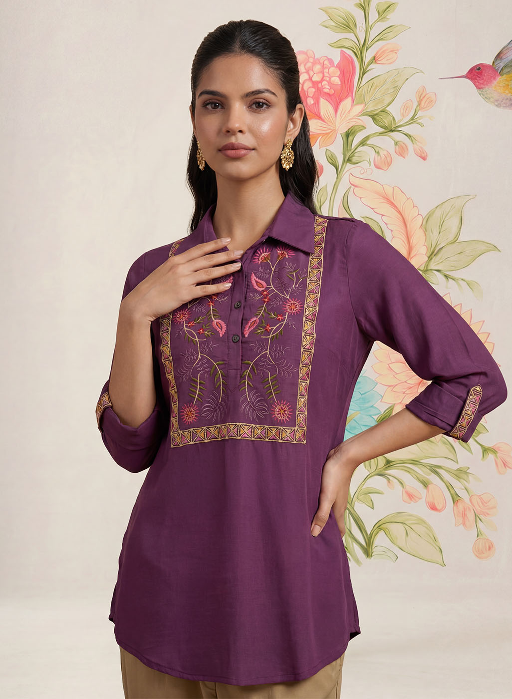 Aaroh Purple Cotton Blend Embroidered Tunic