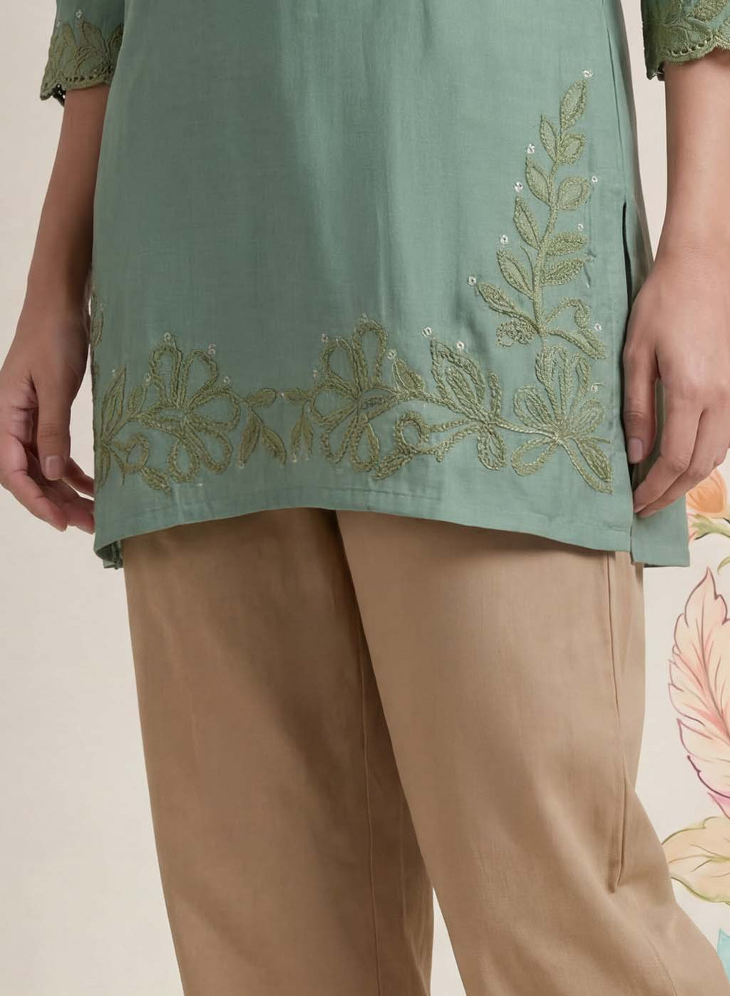 Aaroh Green Cotton Blend Embroidered Tunic