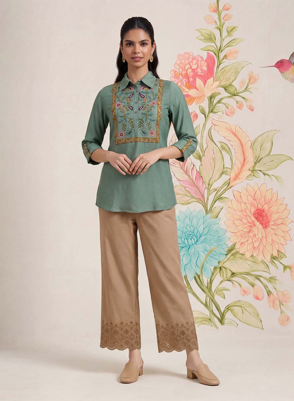 Aaroh Green Cotton Blend Embroidered Tunic