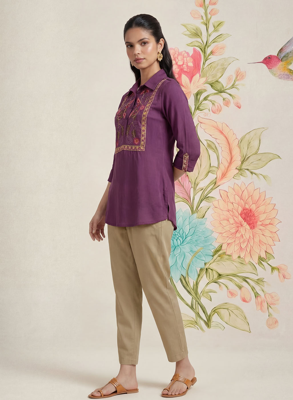 Aaroh Purple Cotton Blend Embroidered Tunic