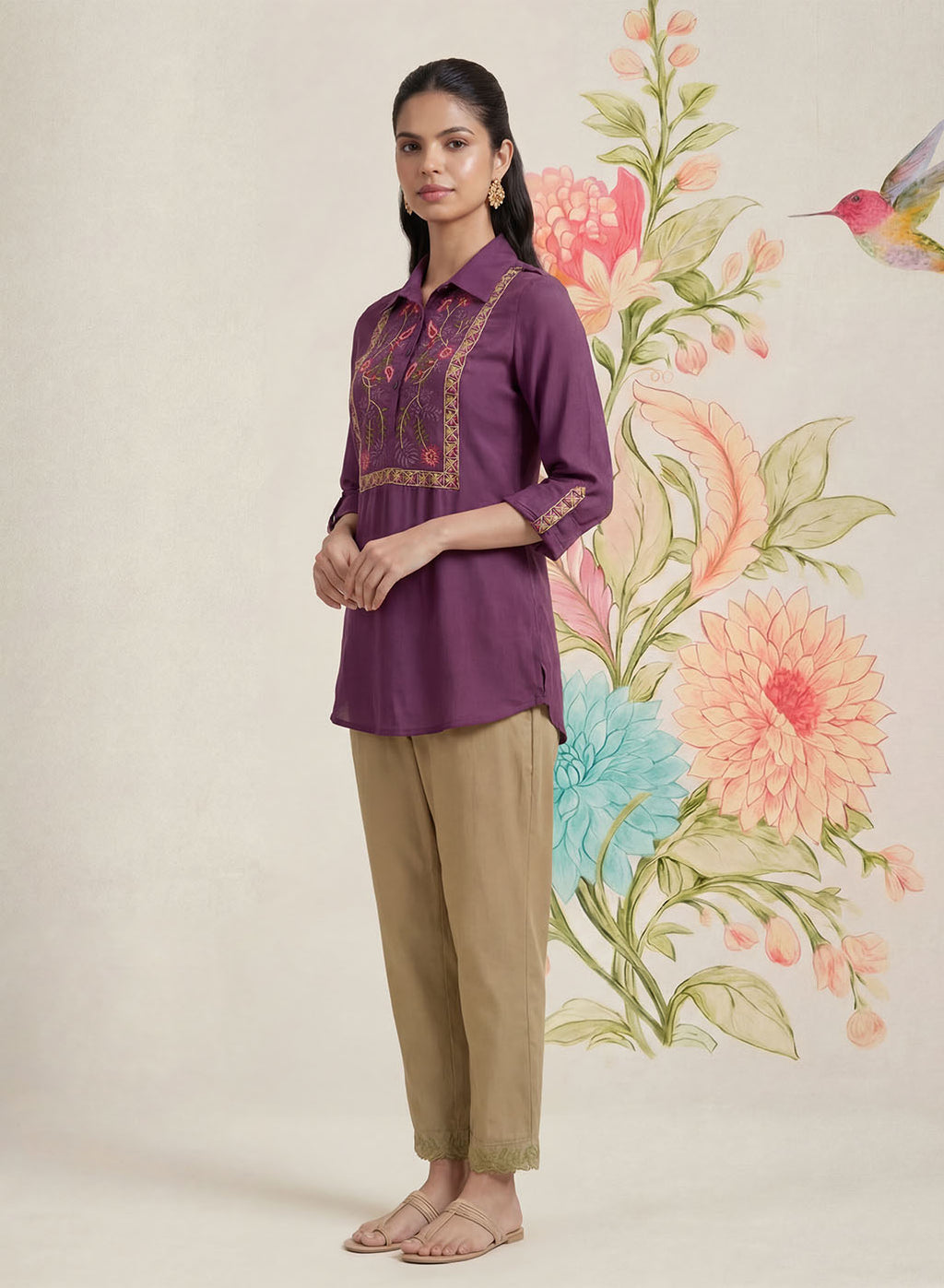 Aaroh Purple Cotton Blend Embroidered Tunic