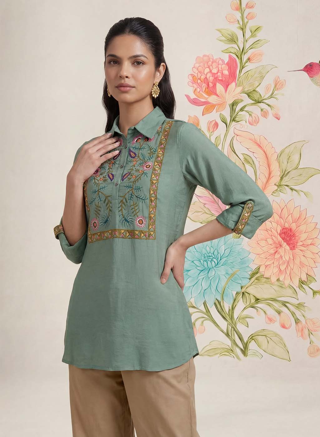 Aaroh Green Cotton Blend Embroidered Tunic