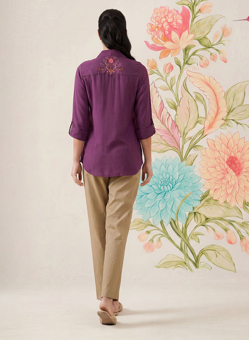 Aaroh Purple Cotton Blend Embroidered Tunic