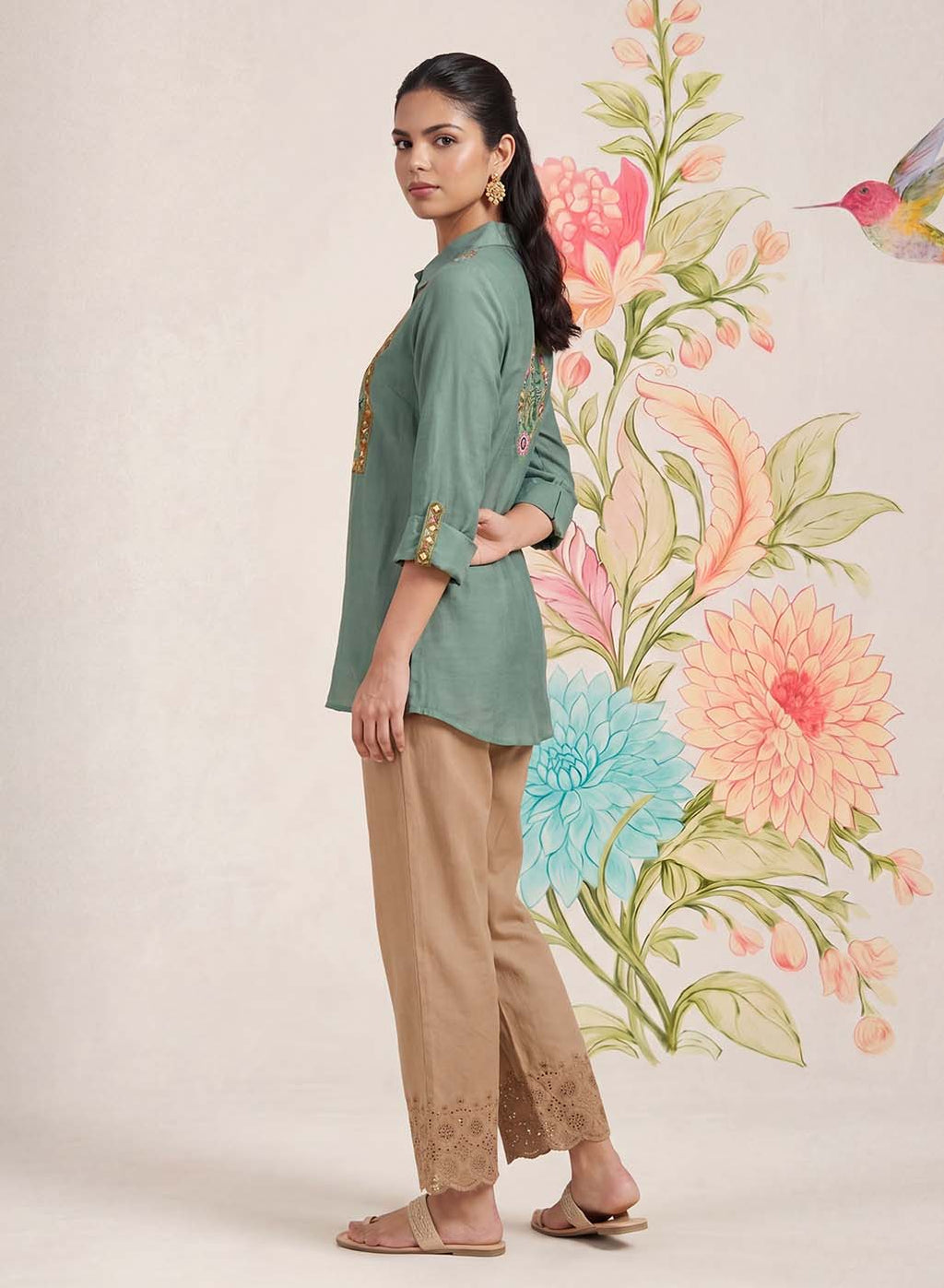 Aaroh Green Cotton Blend Embroidered Tunic