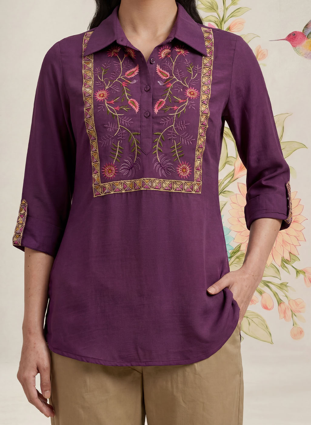 Aaroh Purple Cotton Blend Embroidered Tunic