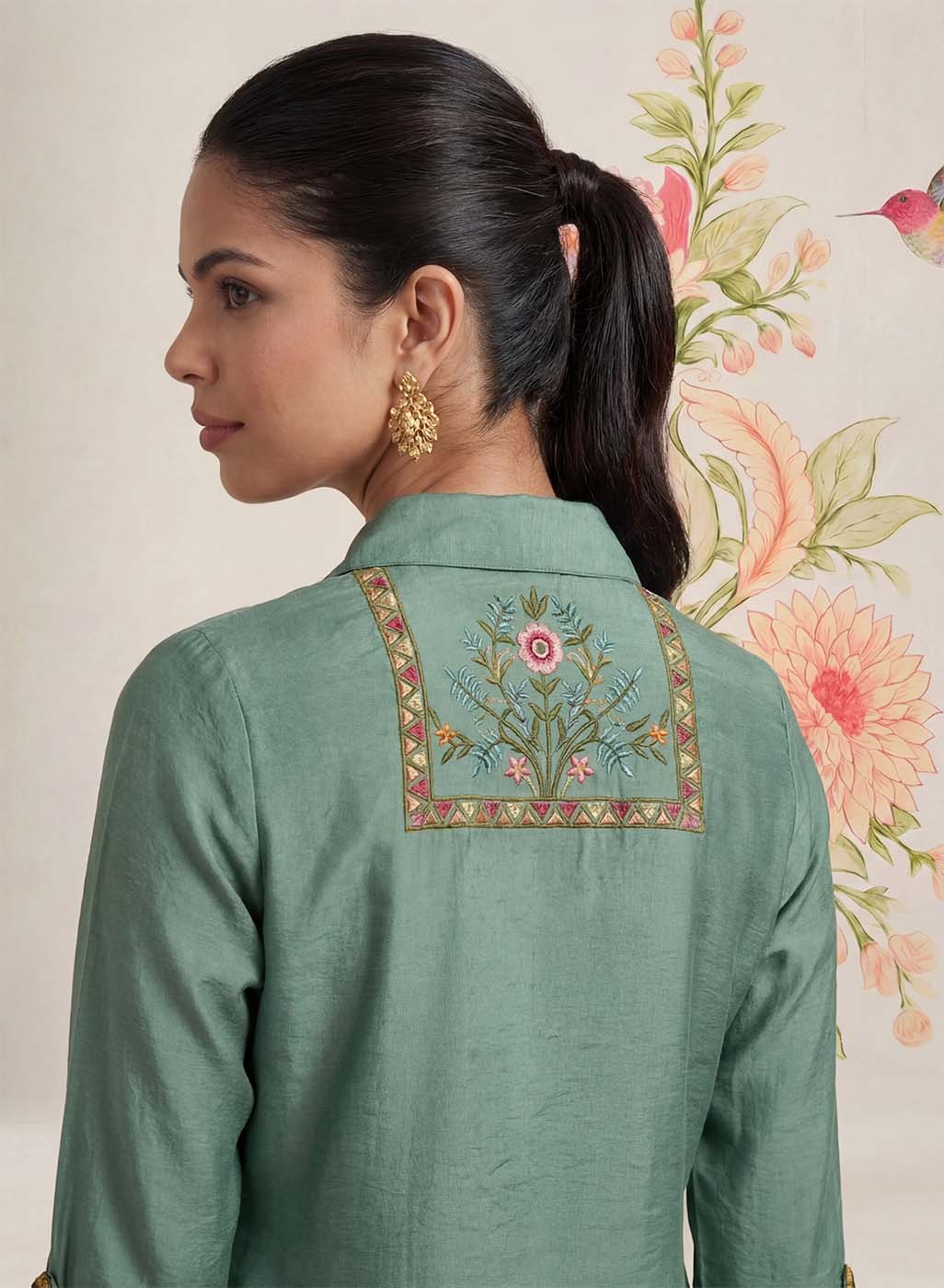Aaroh Green Cotton Blend Embroidered Tunic