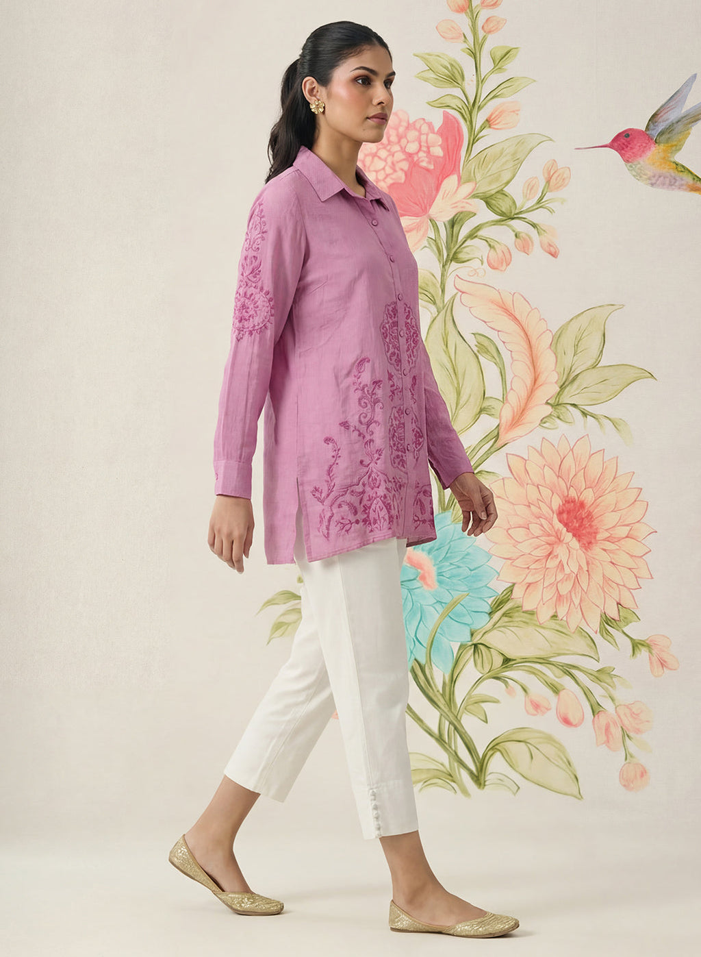 Heli Light Purple Embroidered Cotton Blend Shirt