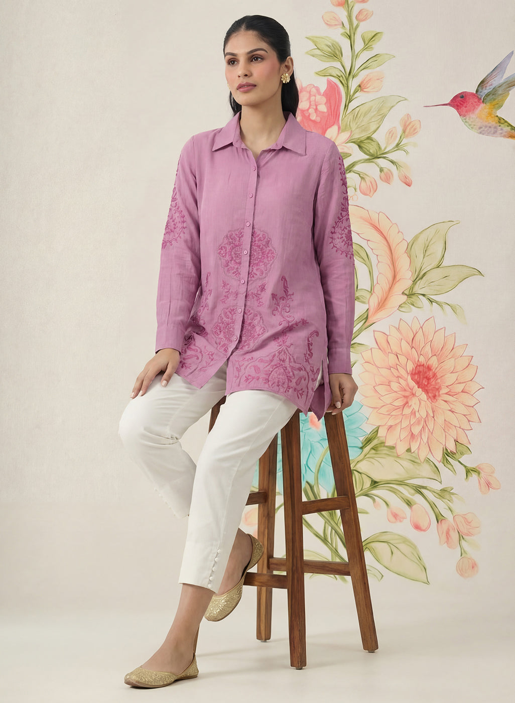 Heli Light Purple Embroidered Cotton Blend Shirt