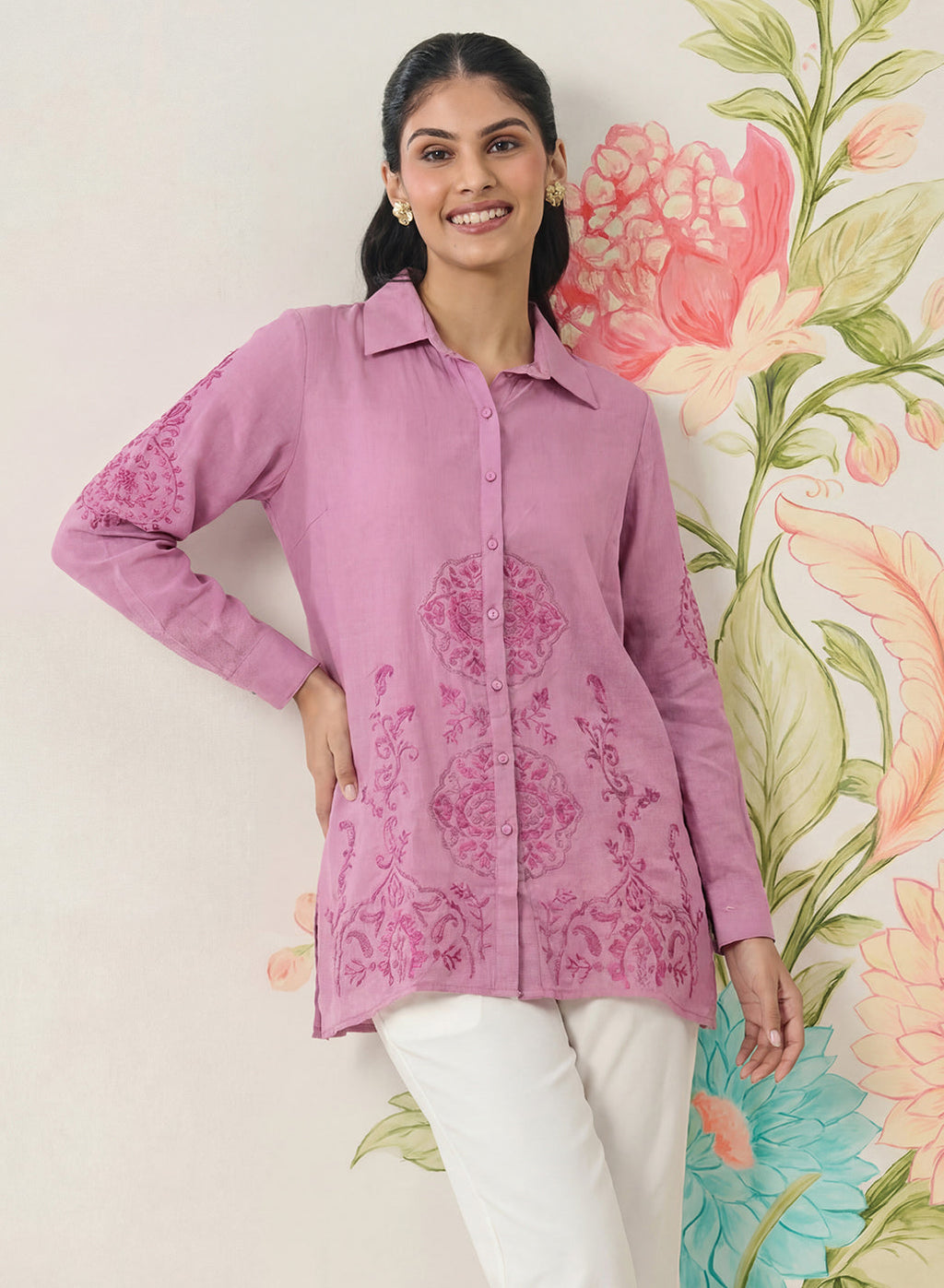 Heli Light Purple Embroidered Cotton Blend Shirt