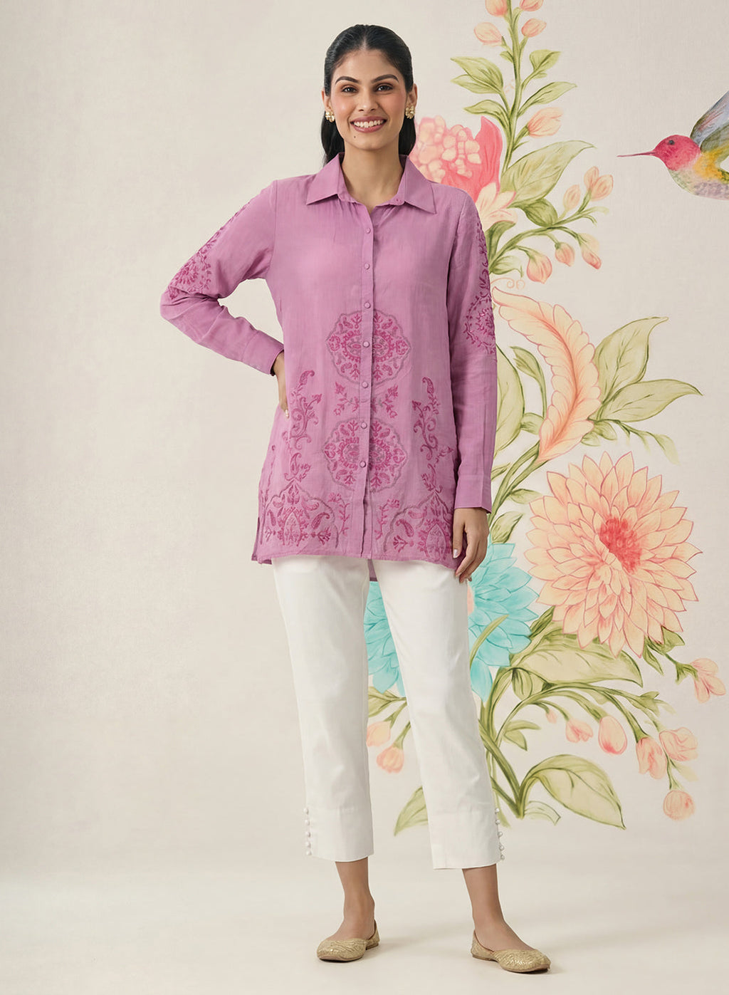 Heli Light Purple Embroidered Cotton Blend Shirt