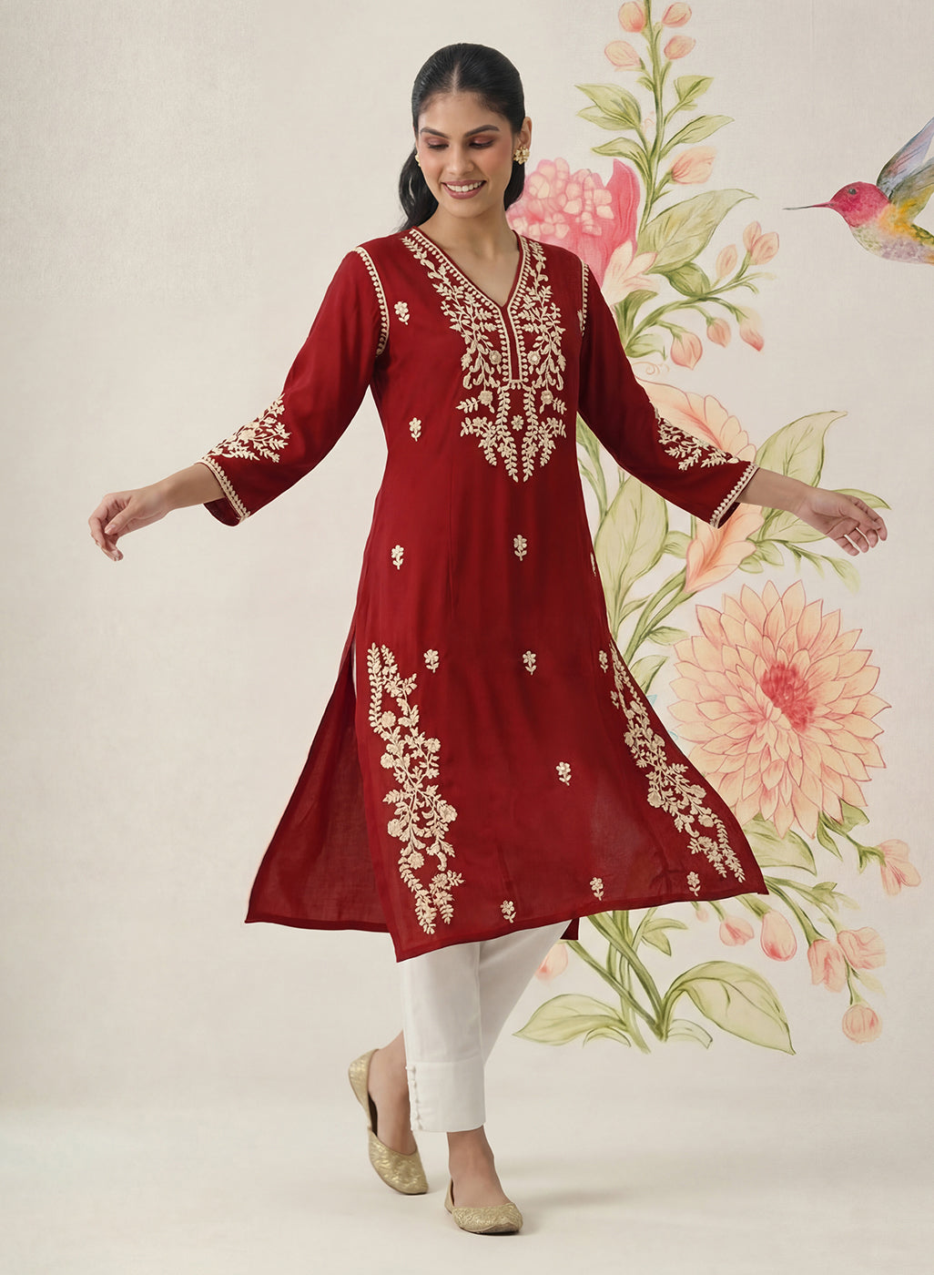 Yashvi Red Cotton Blend Embroidered Kurta