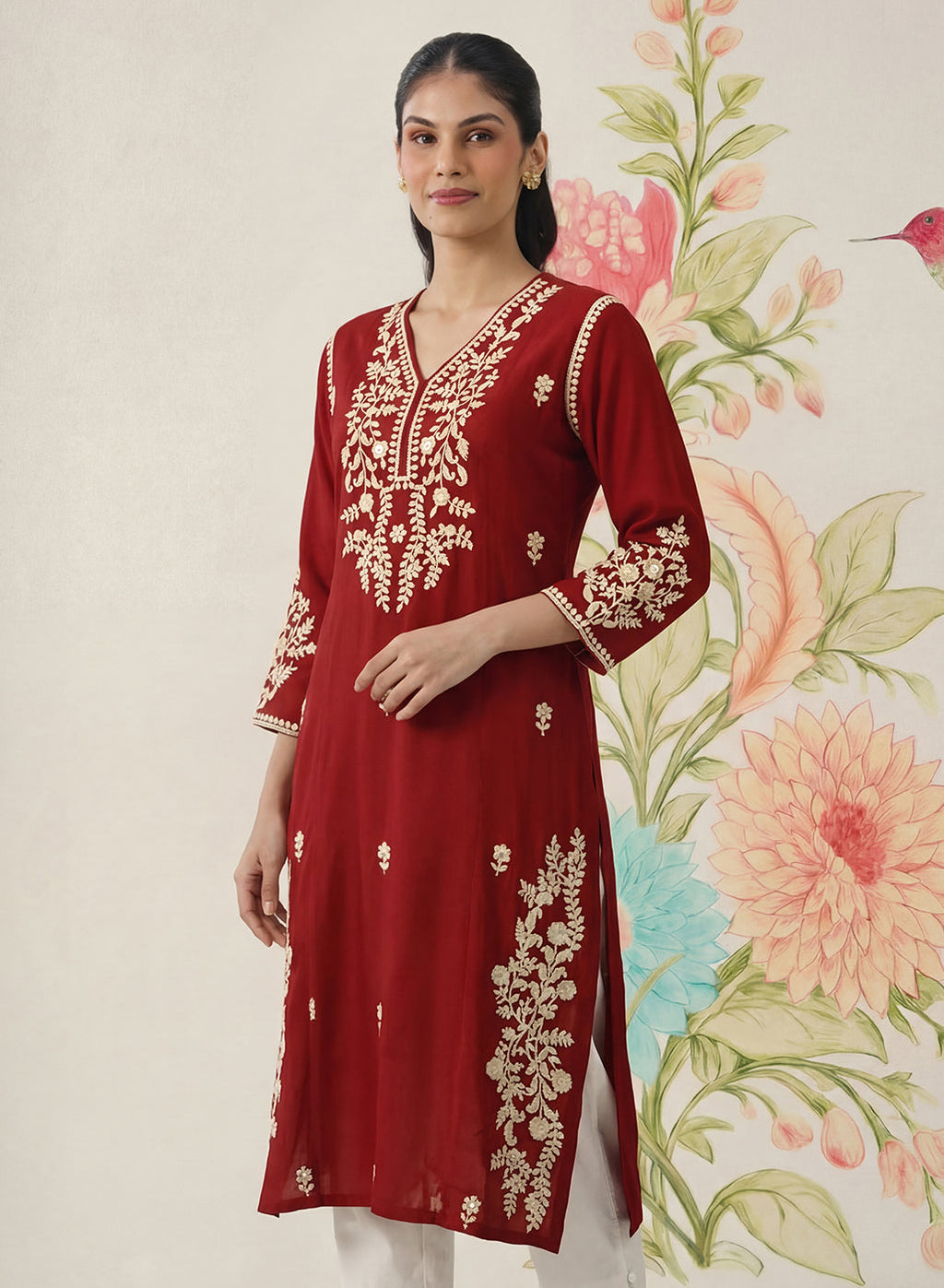 Yashvi Red Cotton Blend Embroidered Kurta