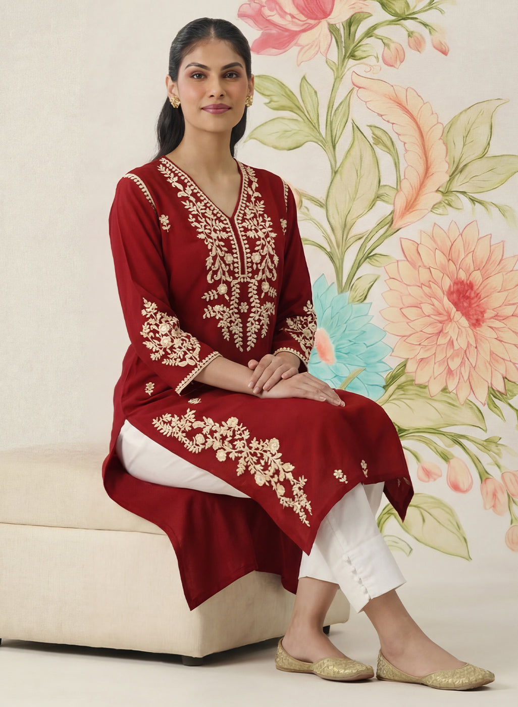 Yashvi Red Cotton Blend Embroidered Kurta
