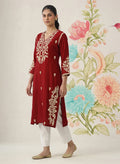 Yashvi Red Cotton Blend Embroidered Kurta
