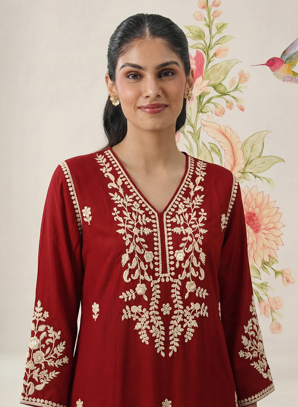 Yashvi Red Cotton Blend Embroidered Kurta