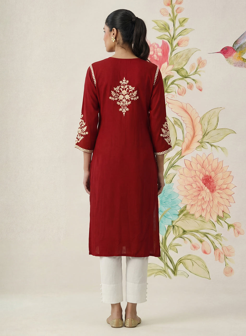 Yashvi Red Cotton Blend Embroidered Kurta