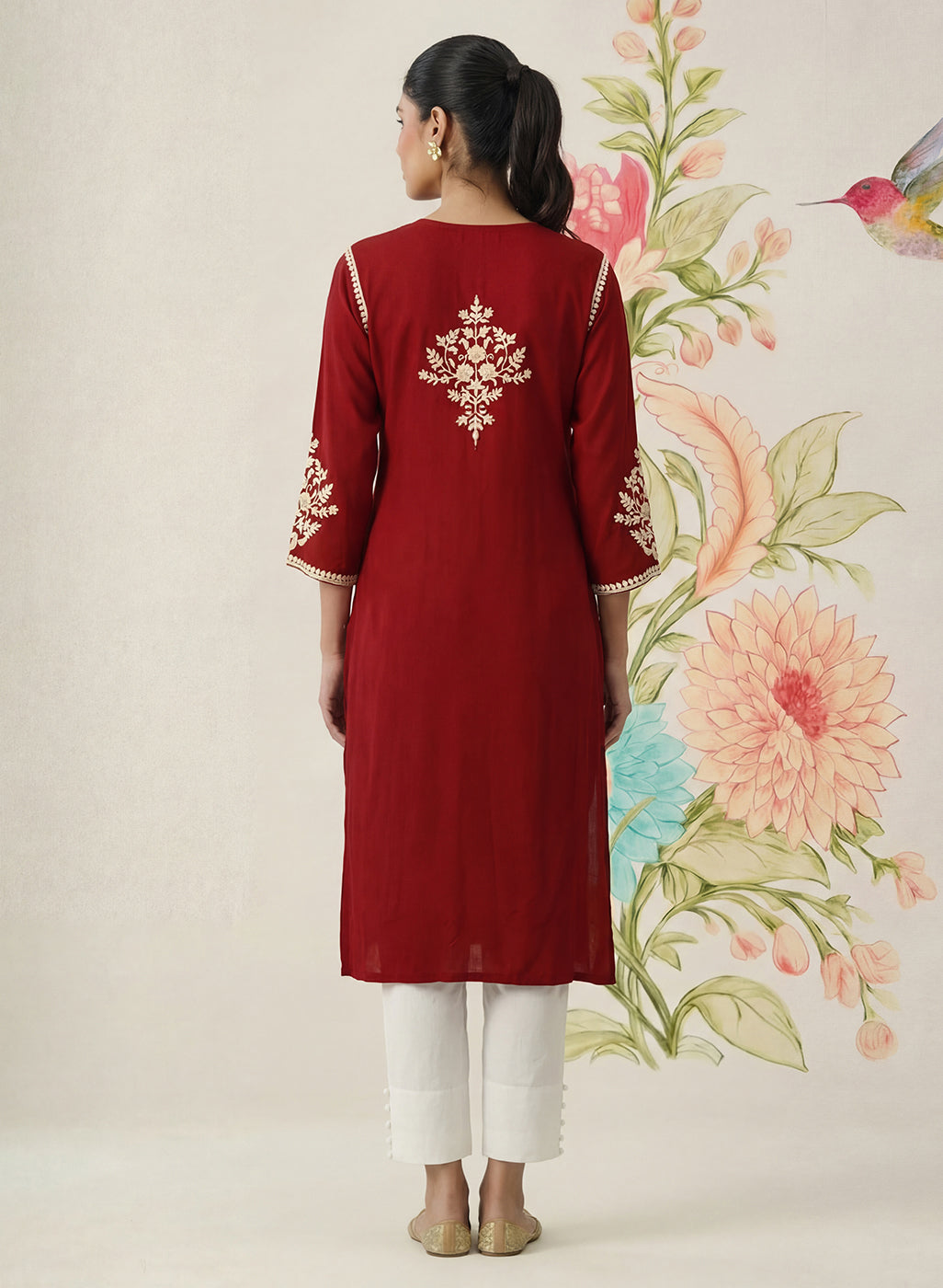 Yashvi Red Cotton Blend Embroidered Kurta