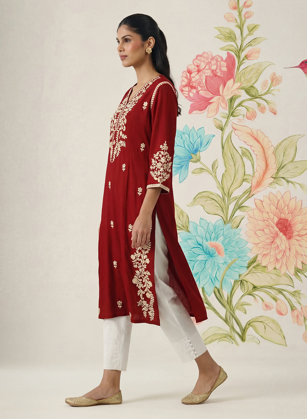 Yashvi Red Cotton Blend Embroidered Kurta