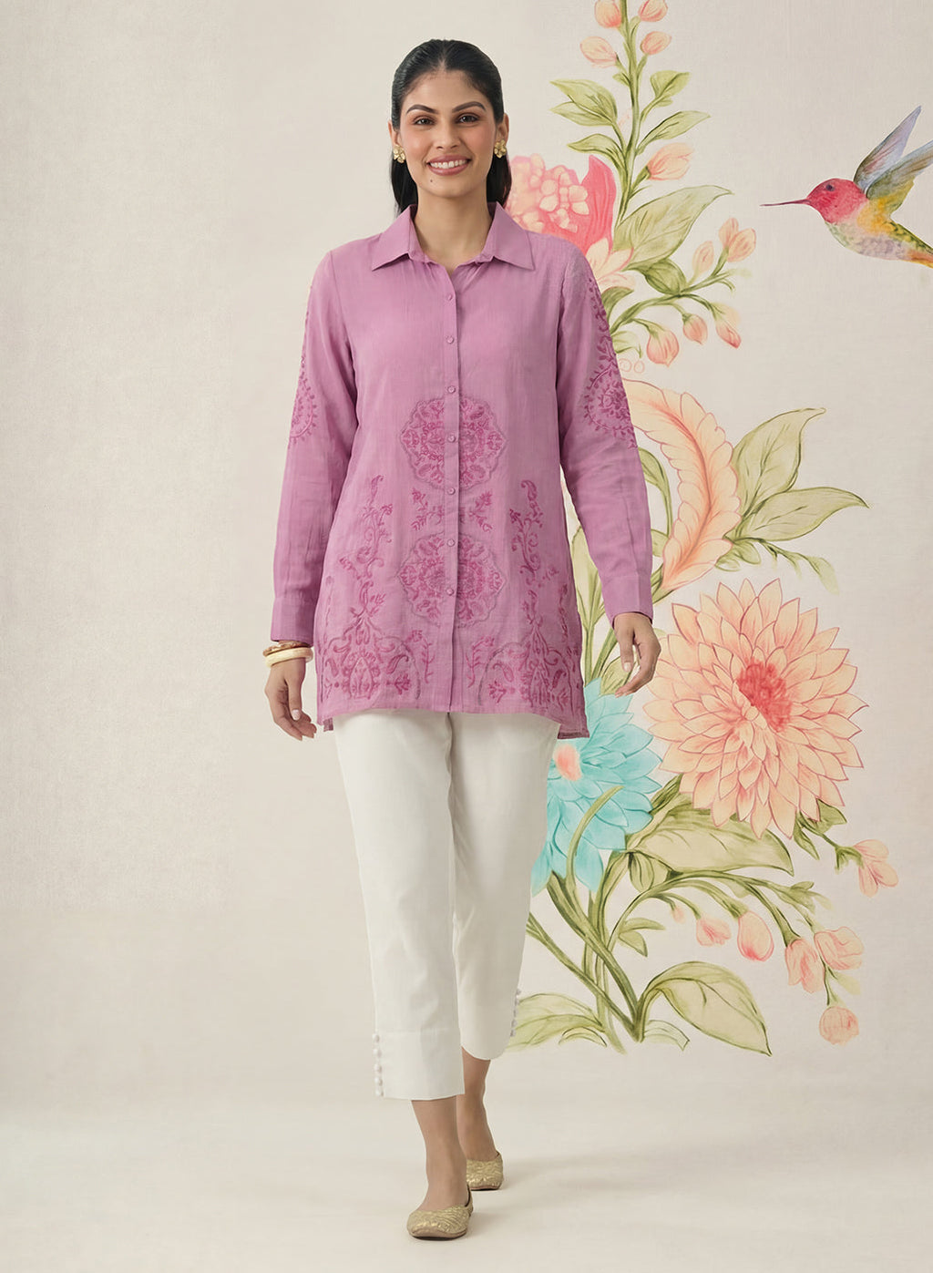 Heli Light Purple Embroidered Cotton Blend Shirt