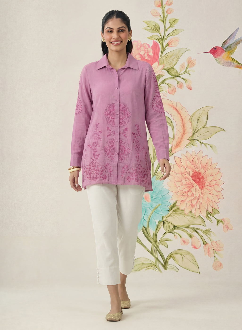 Heli Light Purple Embroidered Cotton Blend Shirt