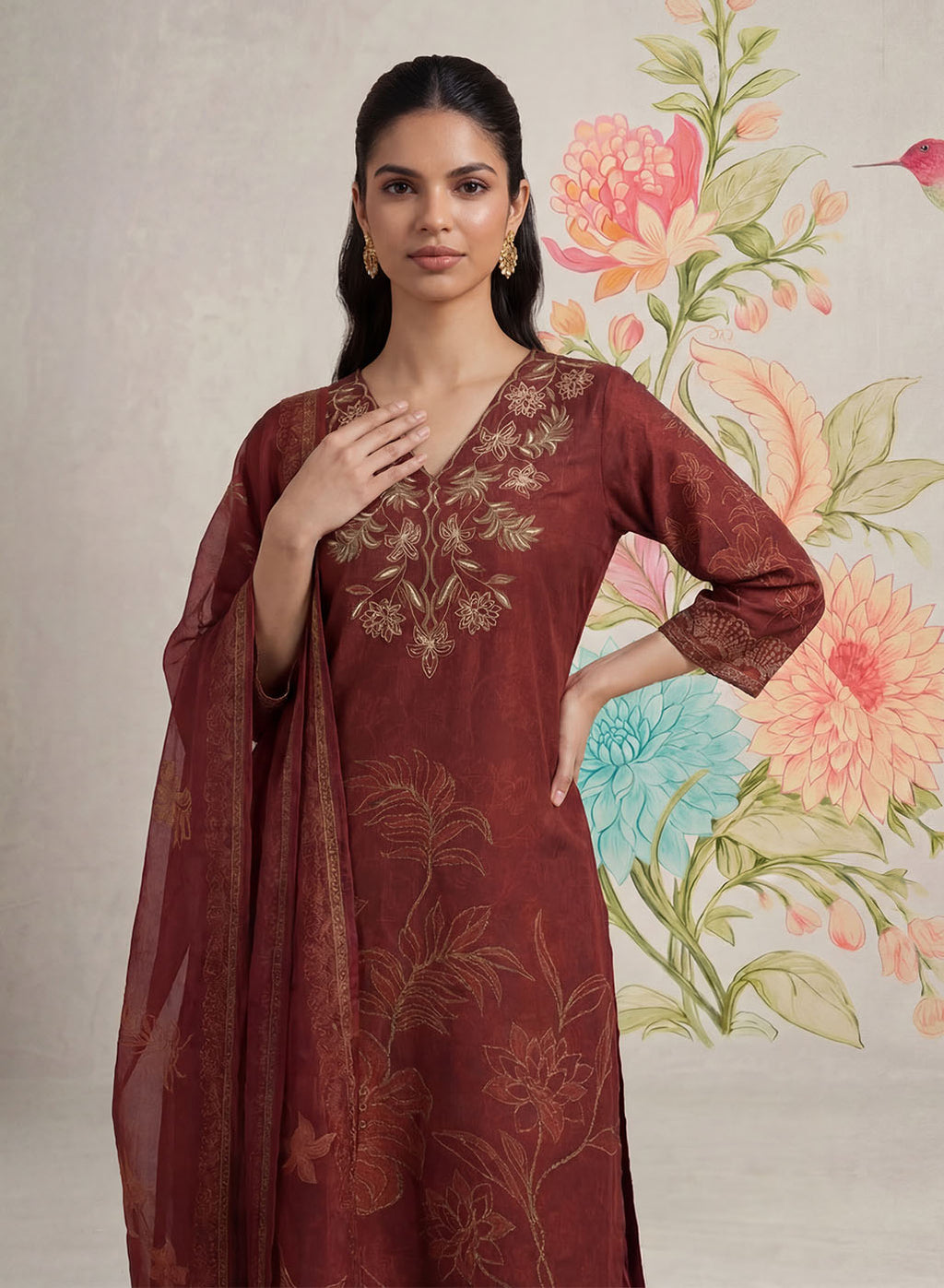 Kasni Maroon Printed Suit Set with Dupatta