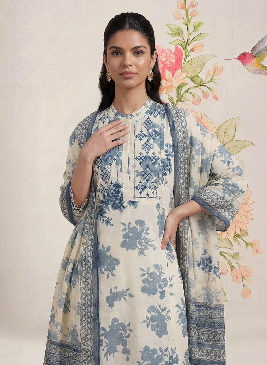 Falguni Blue Printed Cotton Suit Set with Dupatta