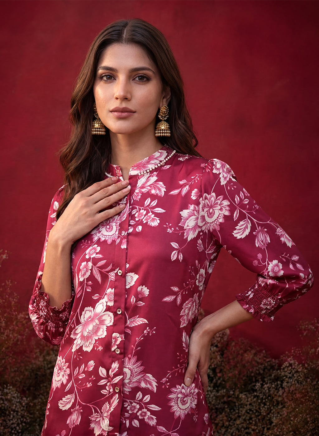 Fuchsia All Over Printed Satin Shirt