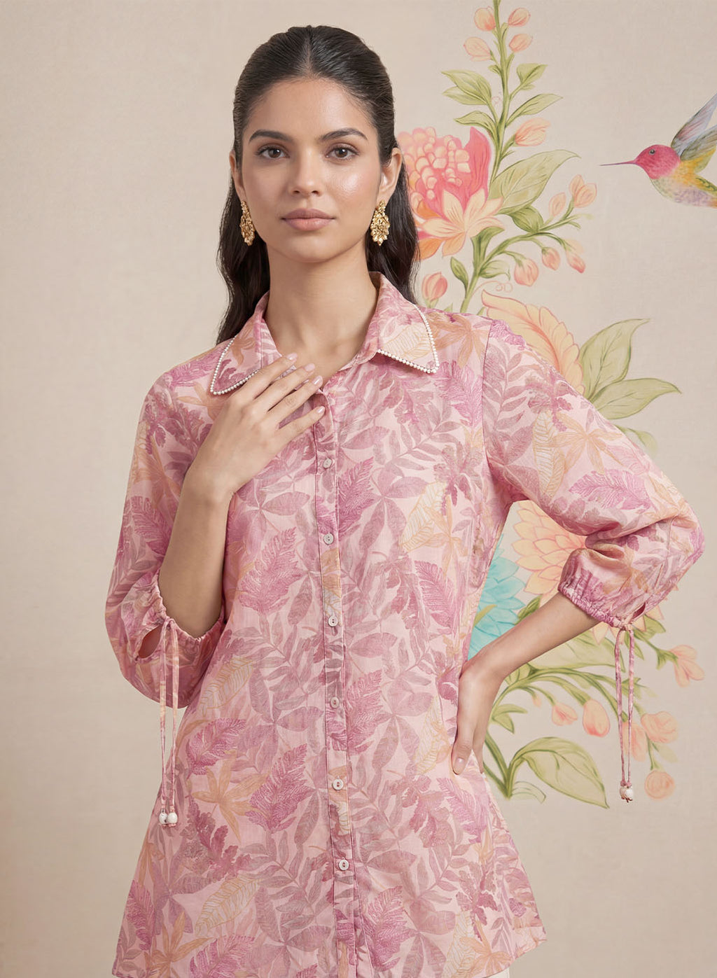 Aro Peach Floral Printed Shirt