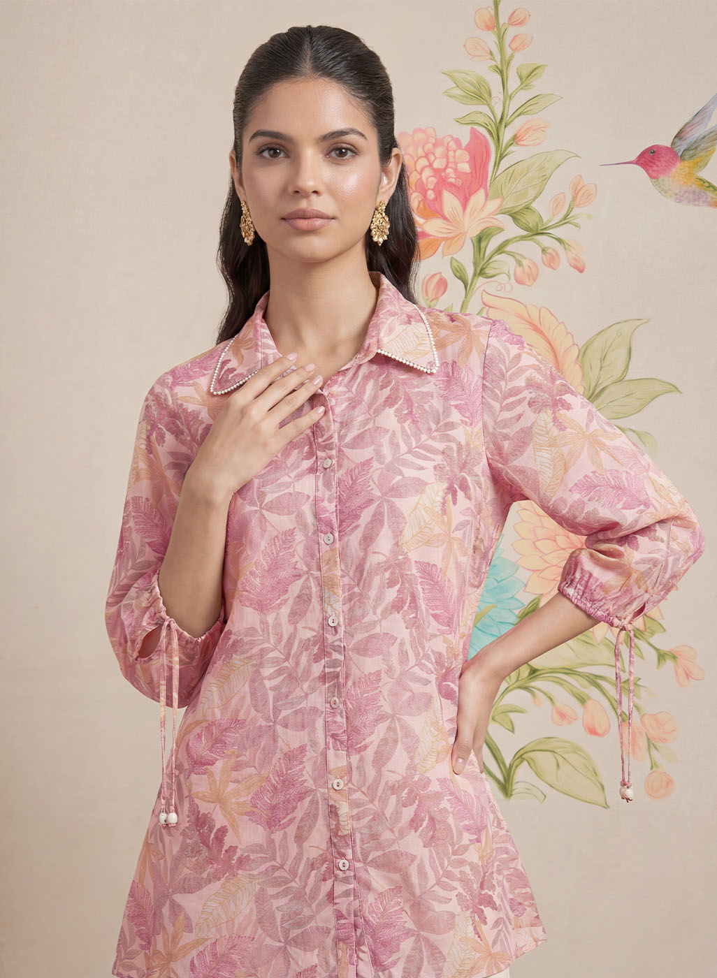 Aro Peach Floral Printed Shirt