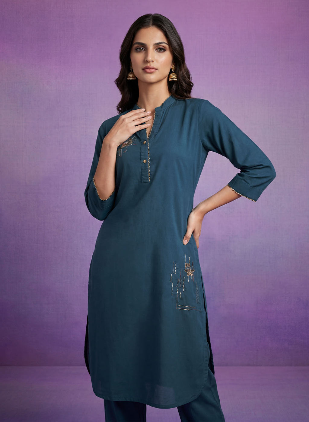 Teal Applique-work Kurta Set