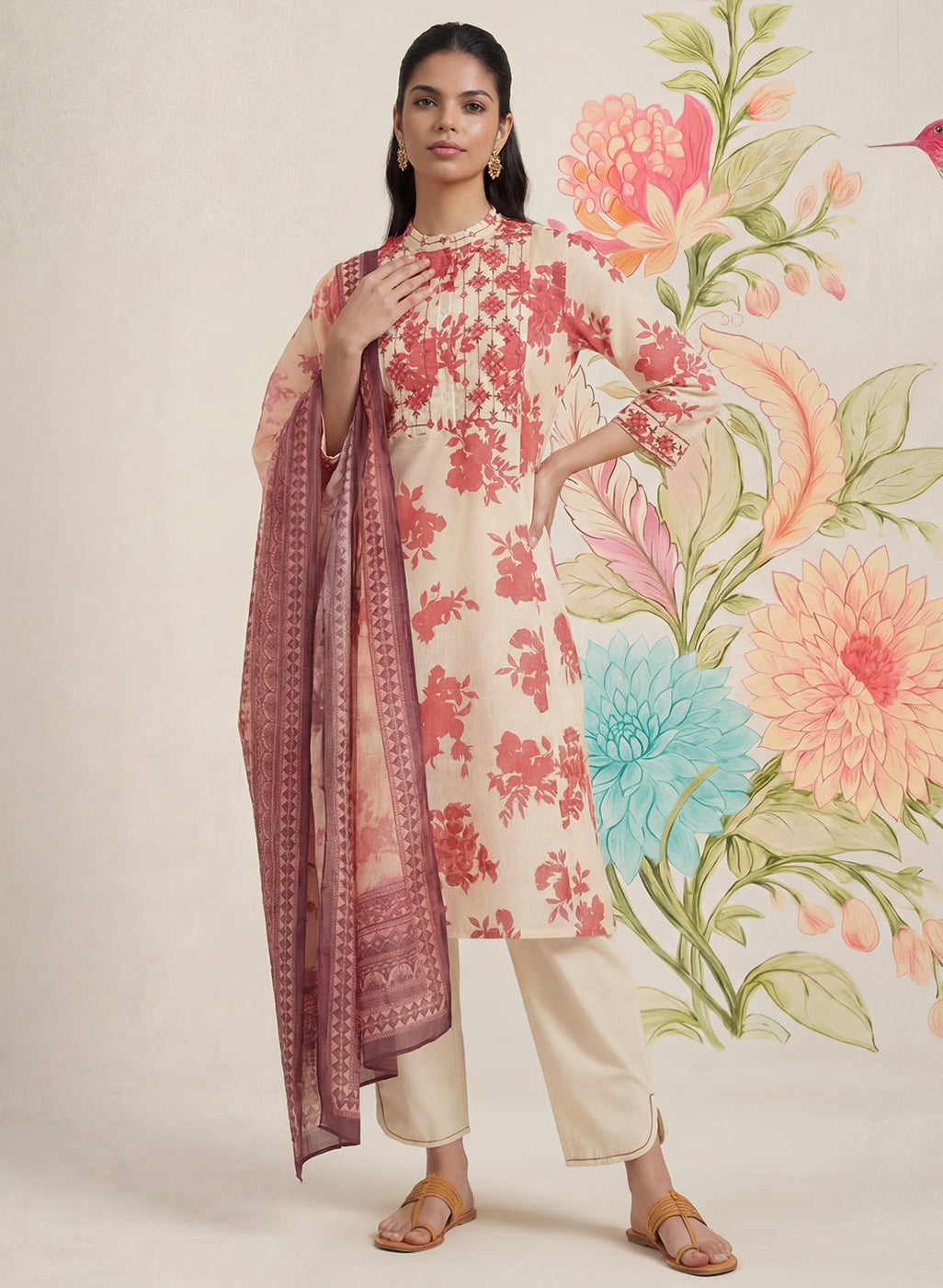 Falguni Red Printed Cotton Suit Set with Dupatta
