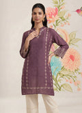 Akshi Purple Embroidered A-line Linen-blend Tunic