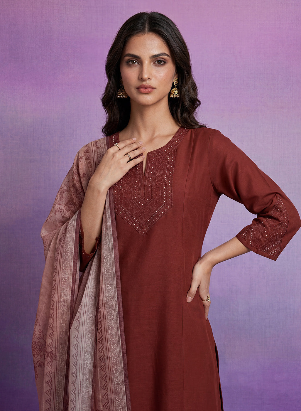 Fuchsia Embroidered Silk Suit Set with contrast Dupatta