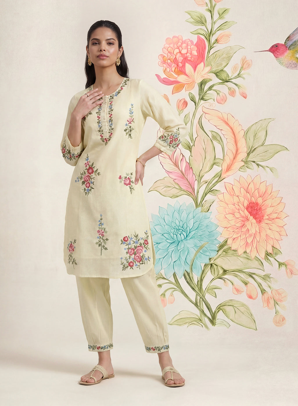 Saavan Light Green Embroidered Cotton blend Kurta Set
