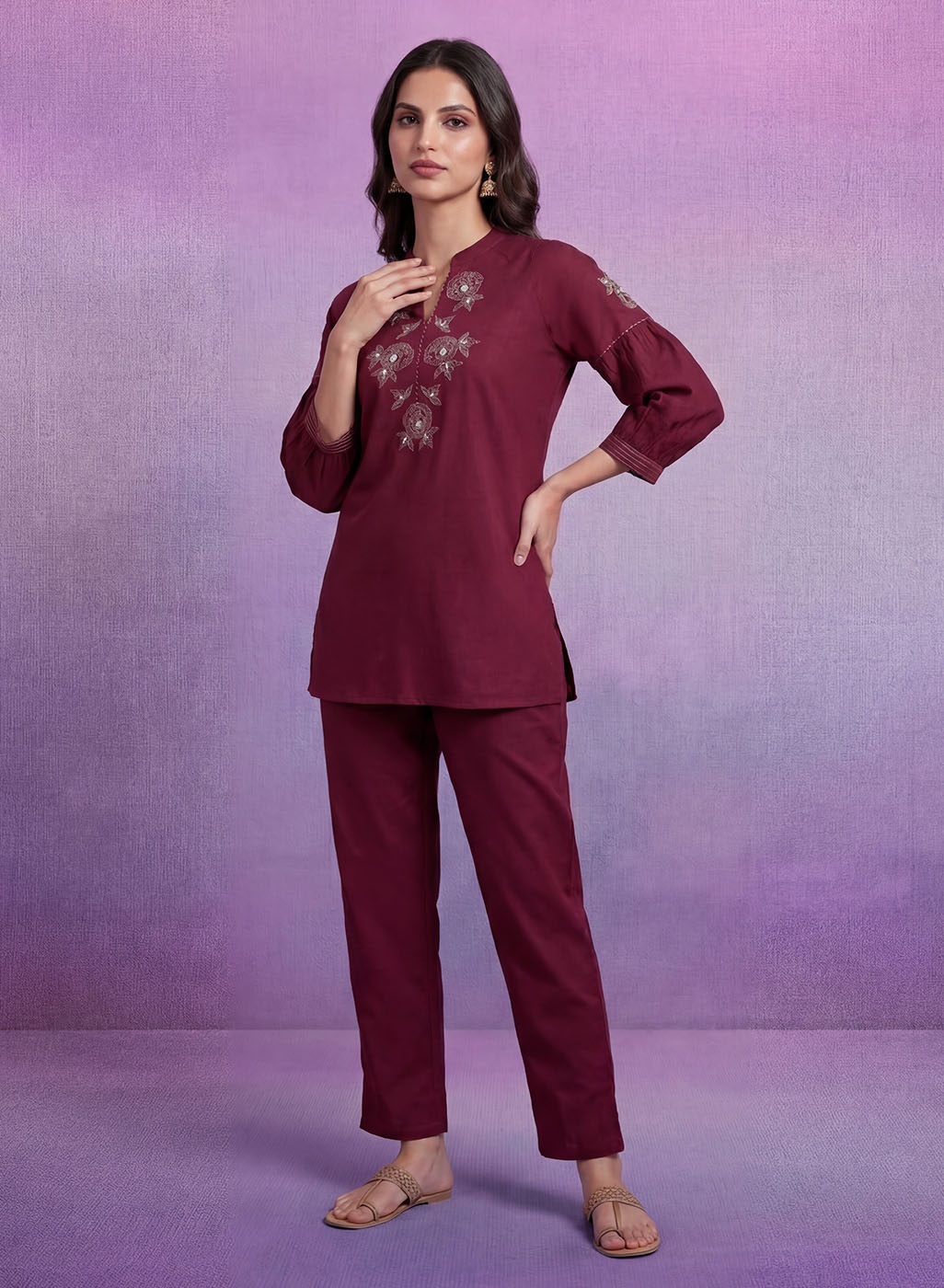 Maroon Embroidered Co-ord Set