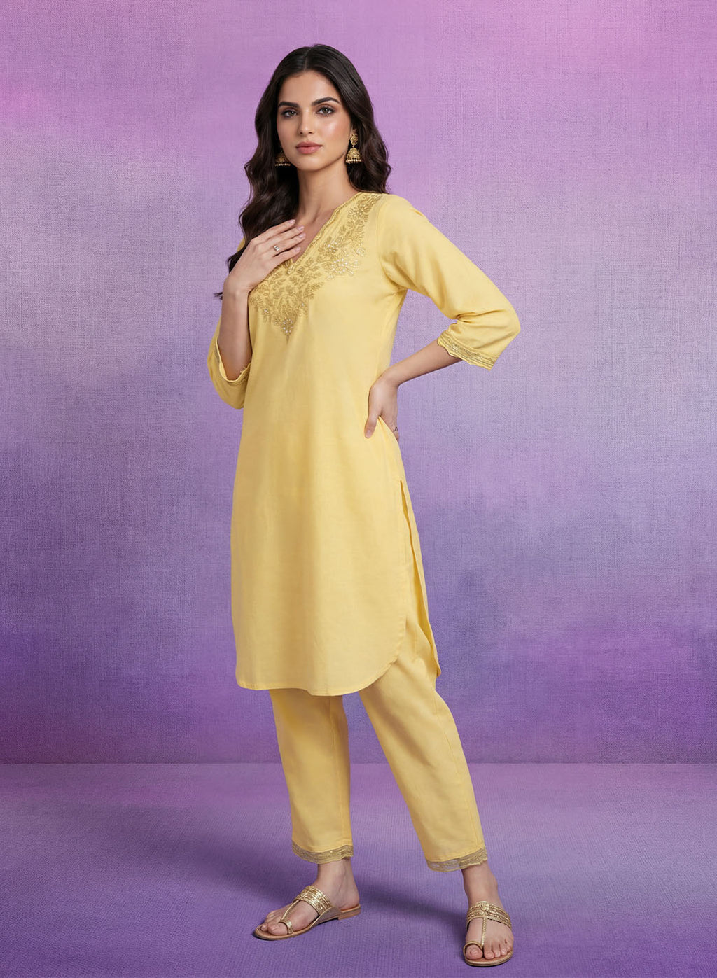 Light Yellow Embroidered Straight Kurta Set