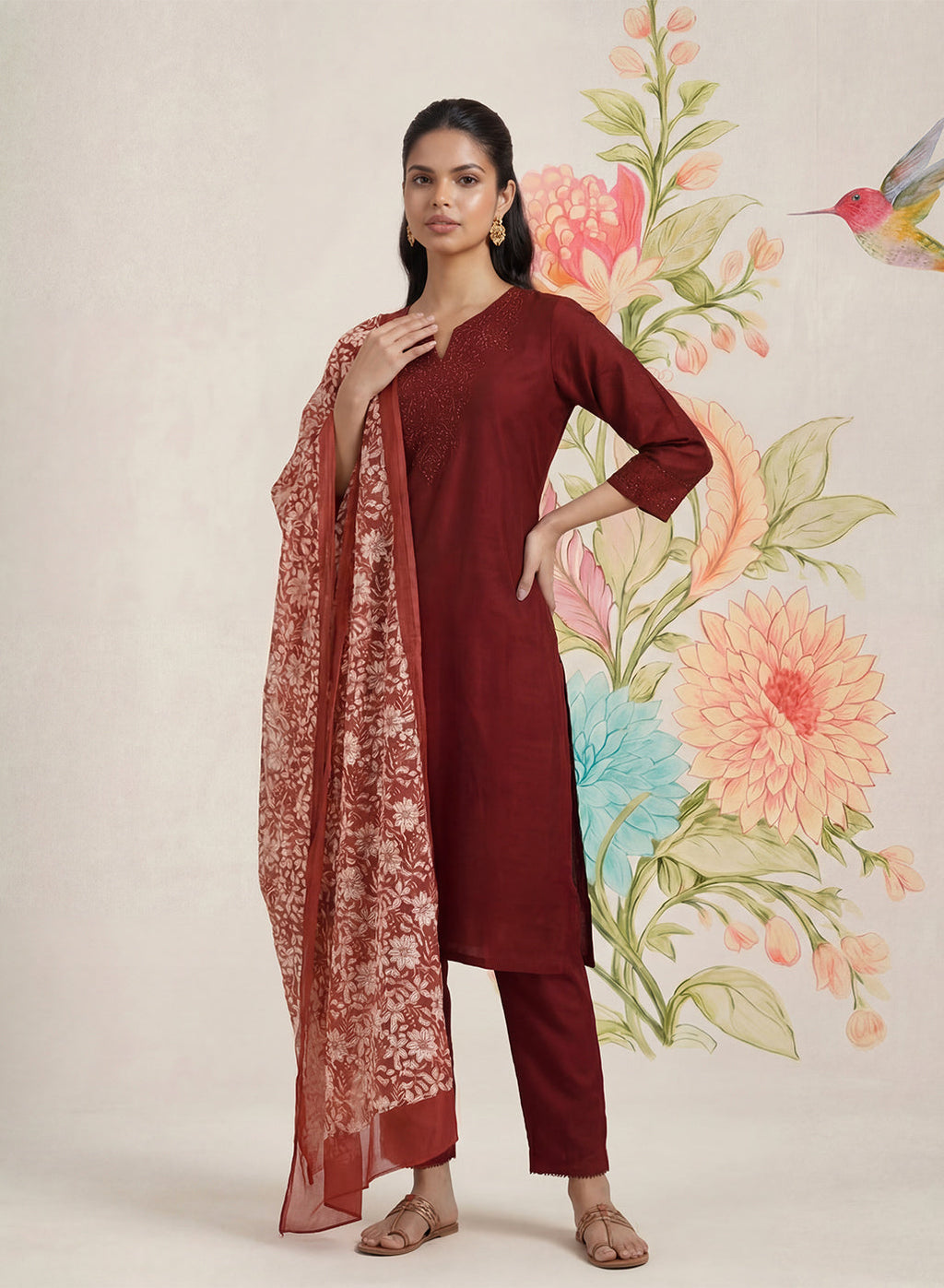 Ragini Maroon Embroidered Straight Suit Set with Dupatta