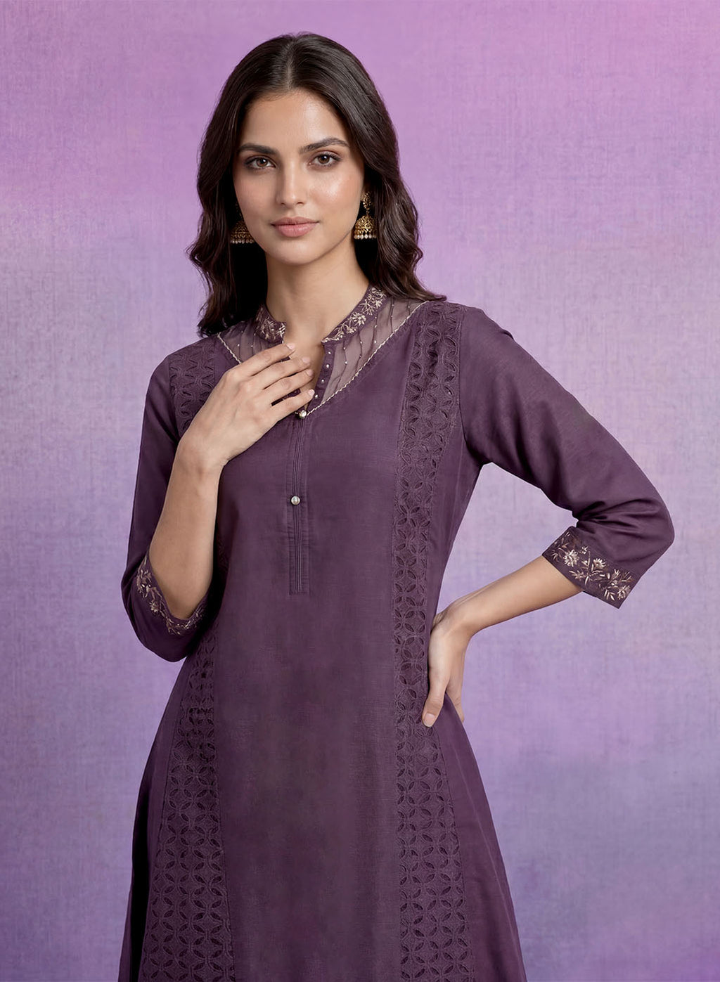 Purple Embroidered A-line Kurta Set
