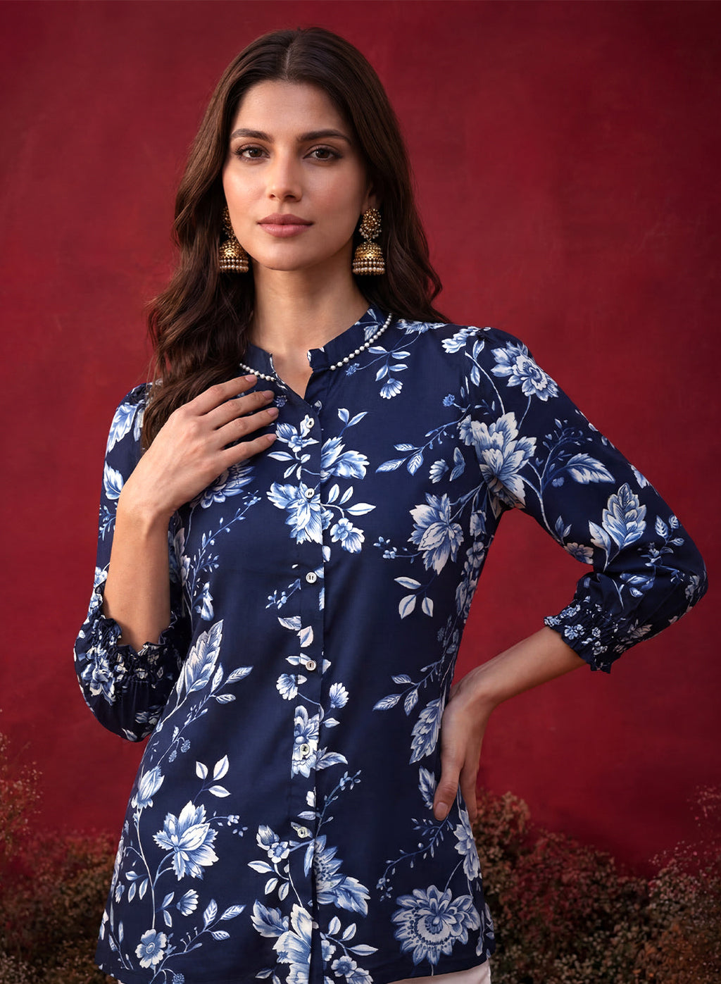 Navy All Over Printed Satin Shirt
