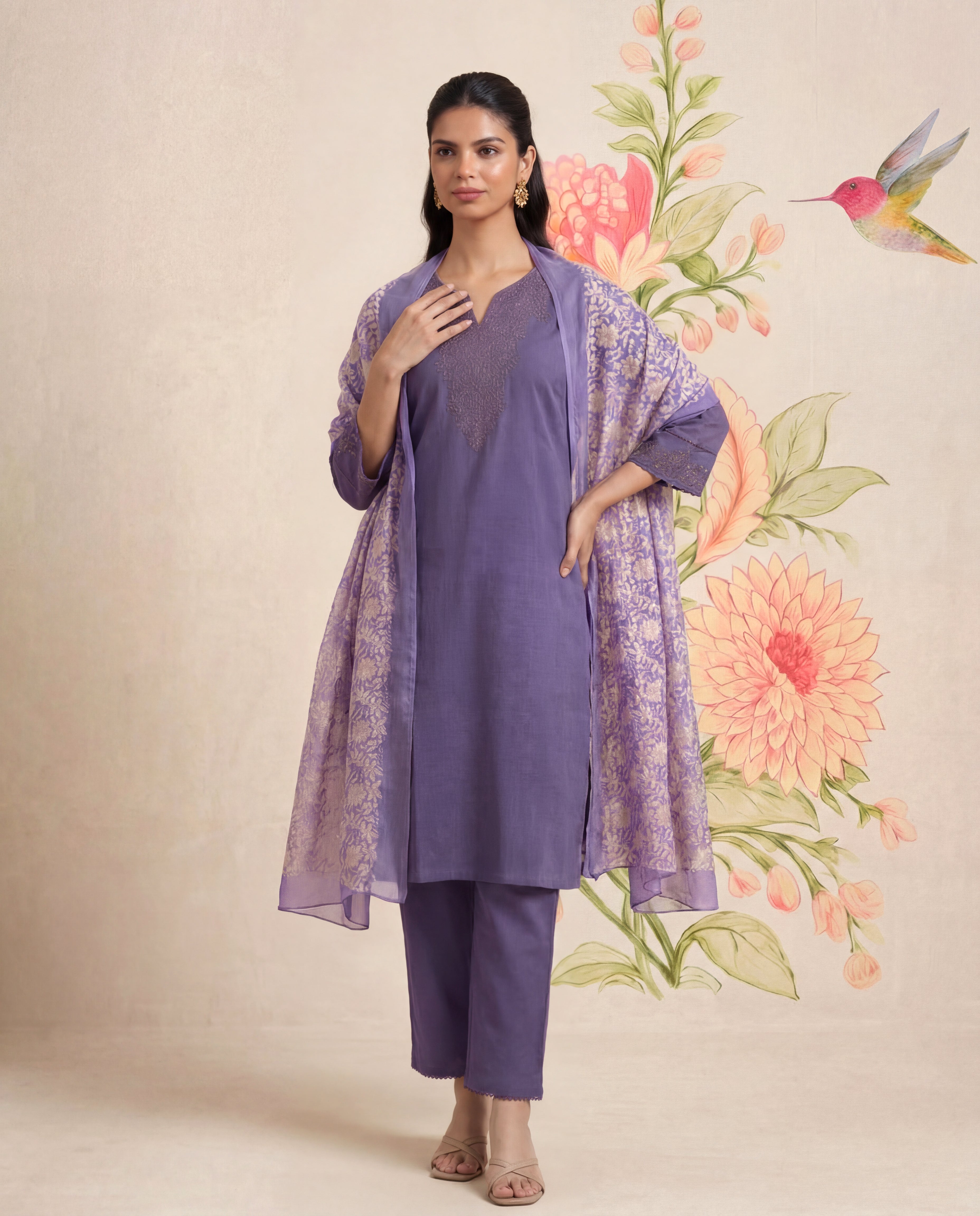 Ragini Lavender Embroidered Straight Suit Set with Dupatta