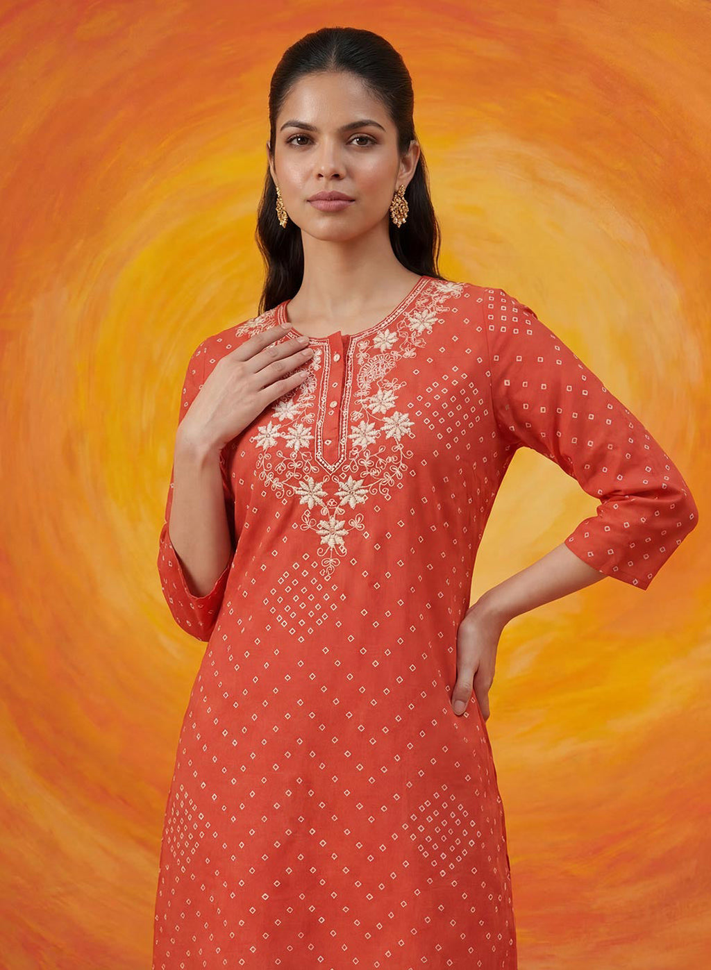 Khas Orange Bandhni Printed Straight Kurta