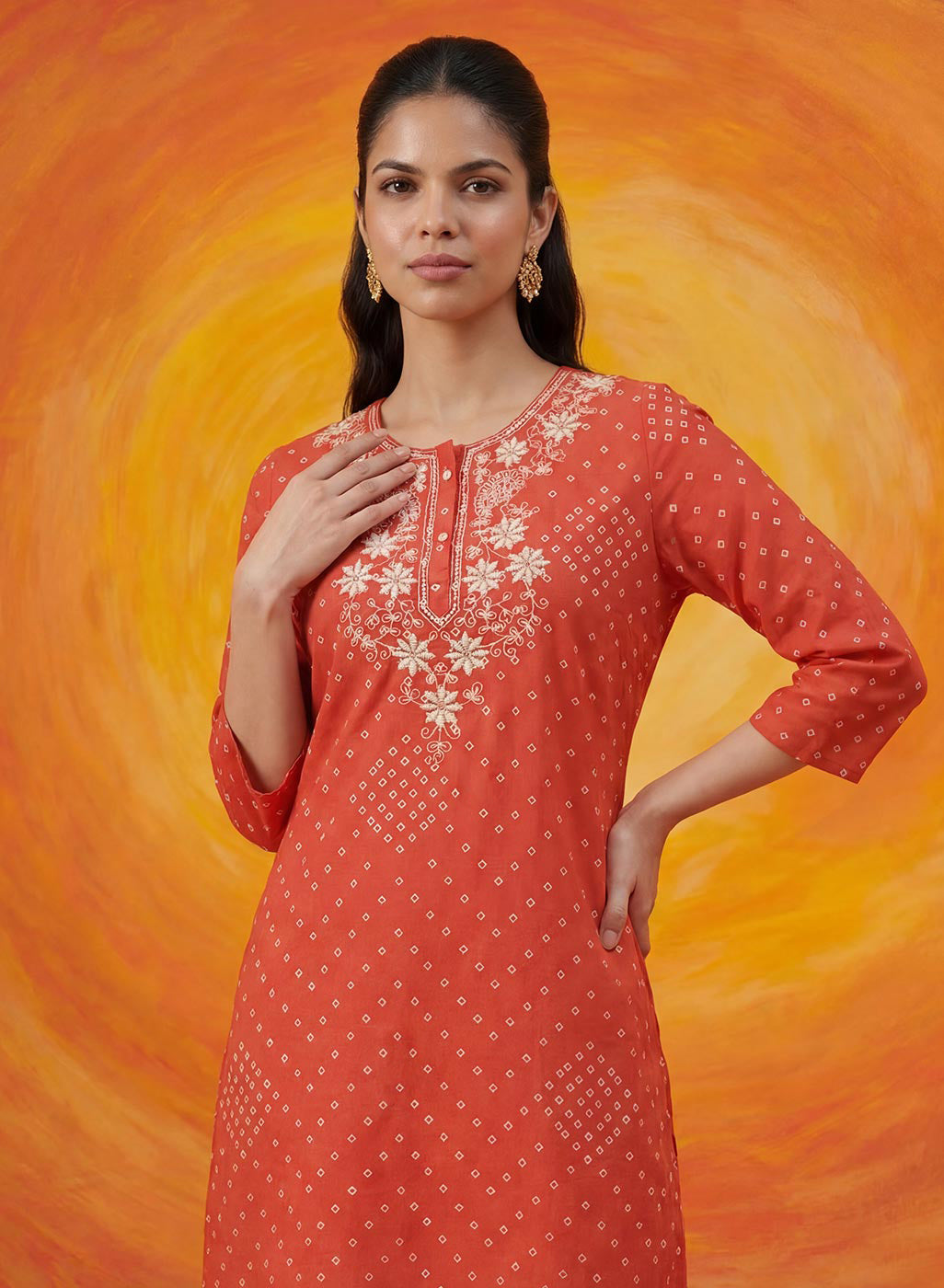 Khas Orange Bandhni Printed Straight Kurta